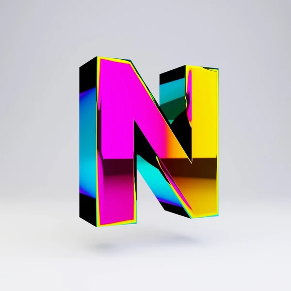 Holographic 3d letter N uppercase. Glossy font with multicolor reflections and shadow isolated on white background. — Stock Photo, Image