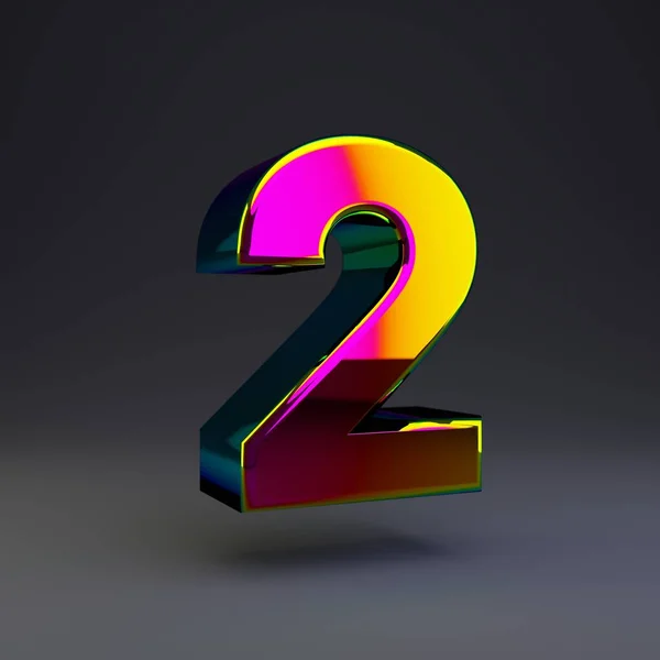 3d olografico numero 2. Font lucido con riflessi multicolori e ombra isolata su sfondo nero . — Foto Stock