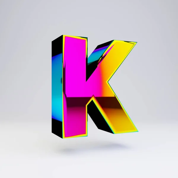 Holographic 3d letter K uppercase. Glossy font with multicolor reflections and shadow isolated on white background. — Stock Photo, Image