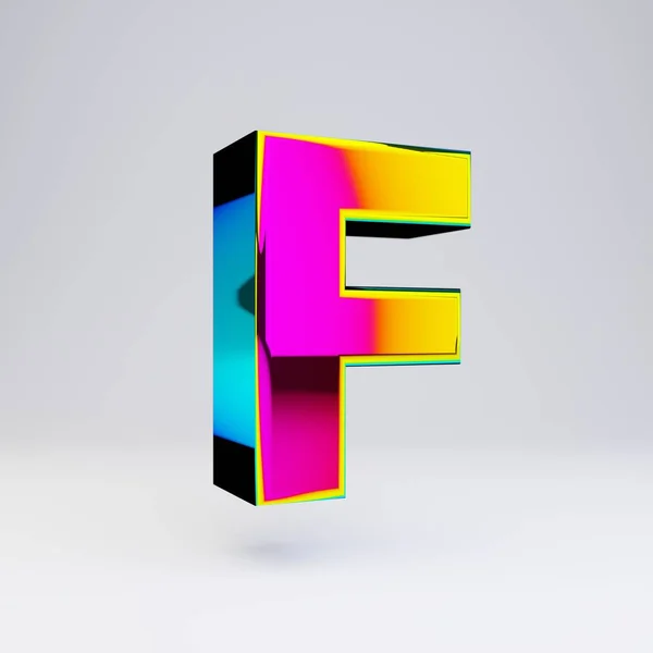 Holografische 3D letter F hoofdletters. Glanzend lettertype met multicolor reflecties en schaduw geïsoleerd op witte achtergrond. — Stockfoto