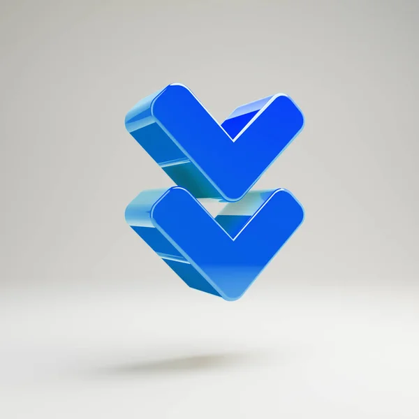 Volumetric glossy blue Angle Double Down icon isolated on white background.