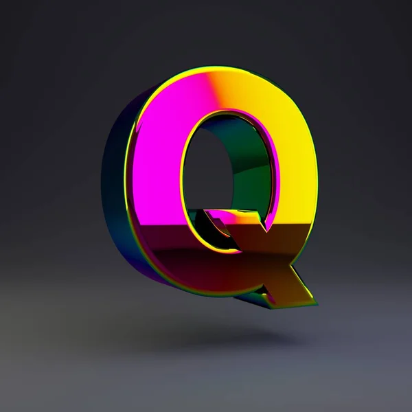 Holografische 3D letter Q hoofdletters. Glanzend lettertype met multicolor reflecties en schaduw geïsoleerd op zwarte achtergrond. — Stockfoto