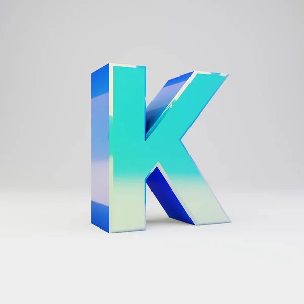 Himmelsblå 3D bokstav K versaler. Metall typsnitt med glansiga reflektioner och skugga isolerade på vit bakgrund. — Stockfoto