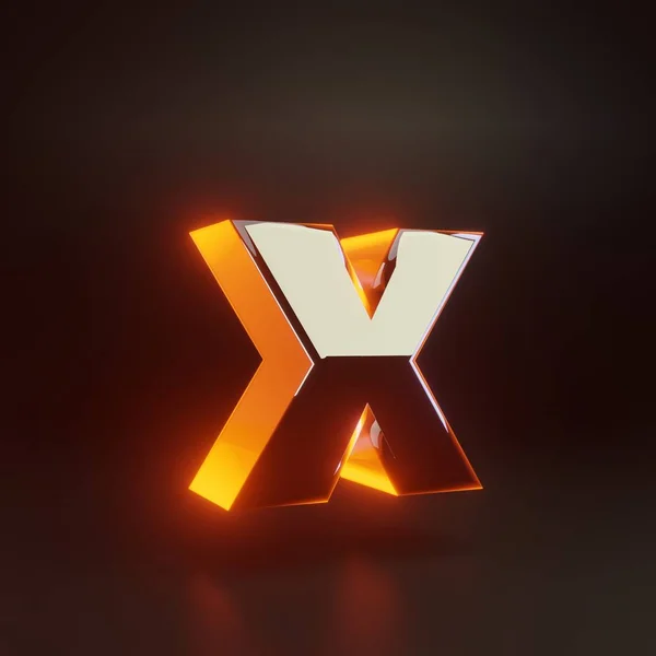 3d lettre X minuscule. Polices métalliques brillantes avec lumières orange isolées sur fond noir . — Photo