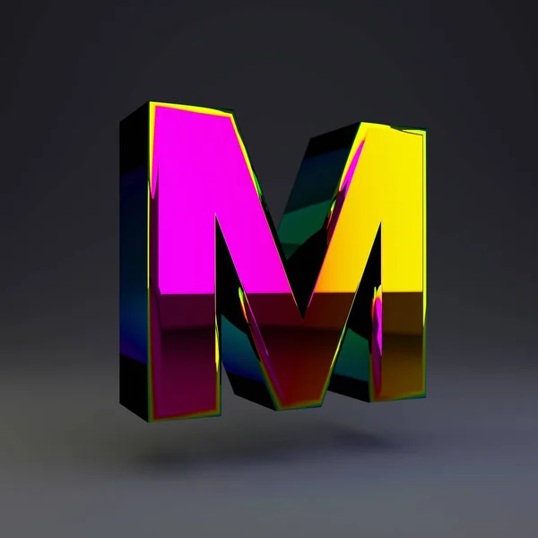Carta 3D holográfica M maiúscula. Fonte brilhante com reflexos multicoloridos e sombra isolada no fundo preto . — Fotografia de Stock