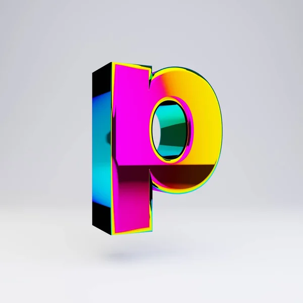 Голографическая 3d буква P в нижнем регистре. Блестящий шрифт с разноцветными отражениями и тенью, выделенный на белом фоне . — стоковое фото