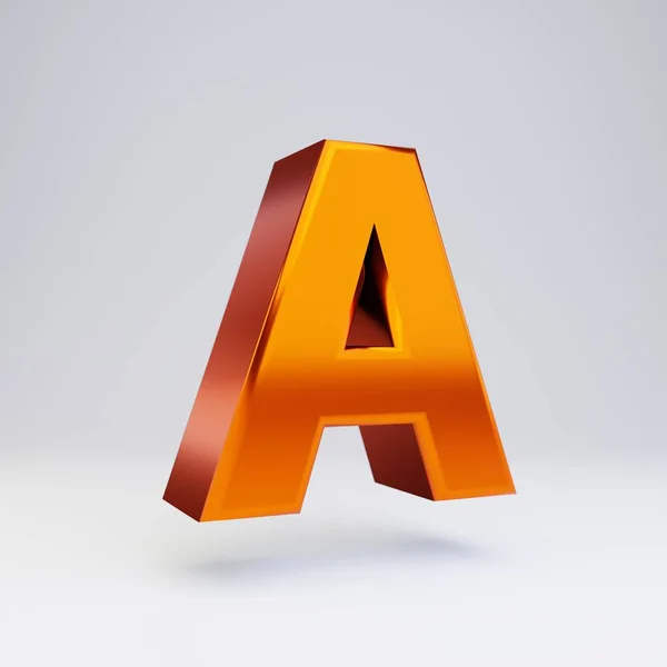 3d Buchstabe in Großbuchstaben. Heiße orange metallische Schrift mit glänzenden Reflexen und Schatten auf weißem Hintergrund. — Stockfoto