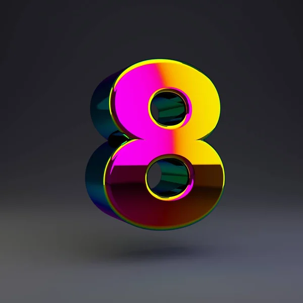 Holographic 3d number 8. Glossy font with multicolor reflections and shadow isolated on black background. — Stock Photo, Image