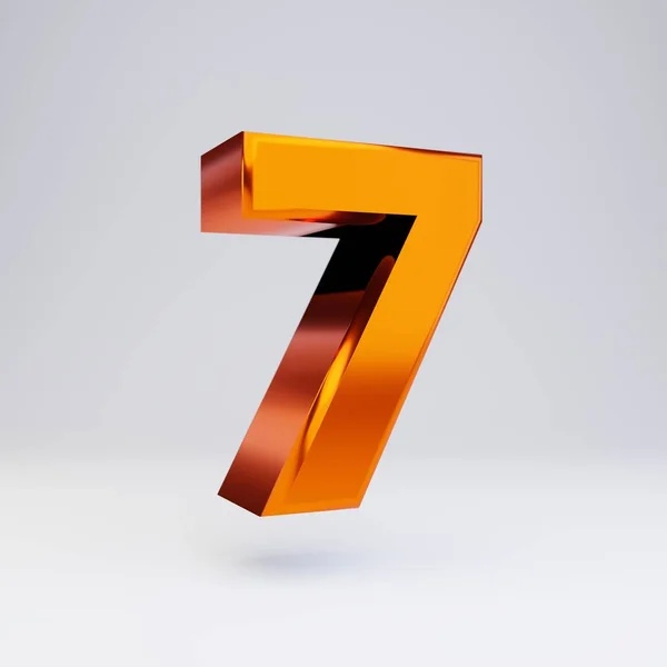 3D-nummer 7. Hete oranje metallic lettertype met glanzende reflecties en schaduw geïsoleerd op witte achtergrond. — Stockfoto