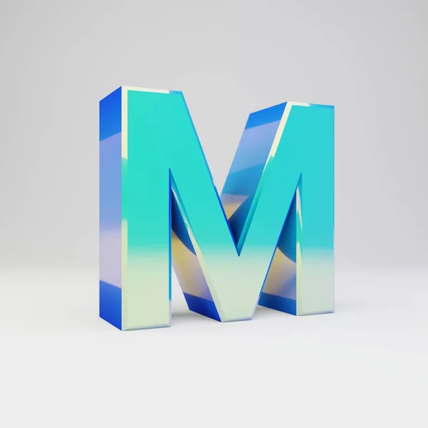 Himmelsblå 3D bokstav M versal. Metall typsnitt med glansiga reflektioner och skugga isolerade på vit bakgrund. — Stockfoto