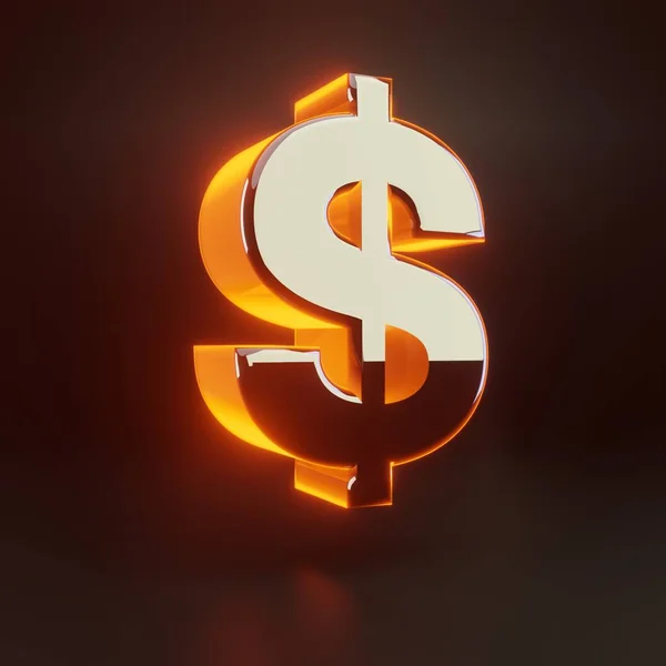 Σύμβολο 3D δολάριο. Λαμπερή γυαλιστερή μεταλλική γραμματοσειρά με πορτοκαλί φώτα απομονωμένα σε μαύρο φόντο. — Φωτογραφία Αρχείου