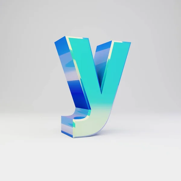 Hemelsblauw 3D letter Y kleine letters. Metalen lettertype met glanzende reflecties en schaduw geïsoleerd op witte achtergrond. — Stockfoto