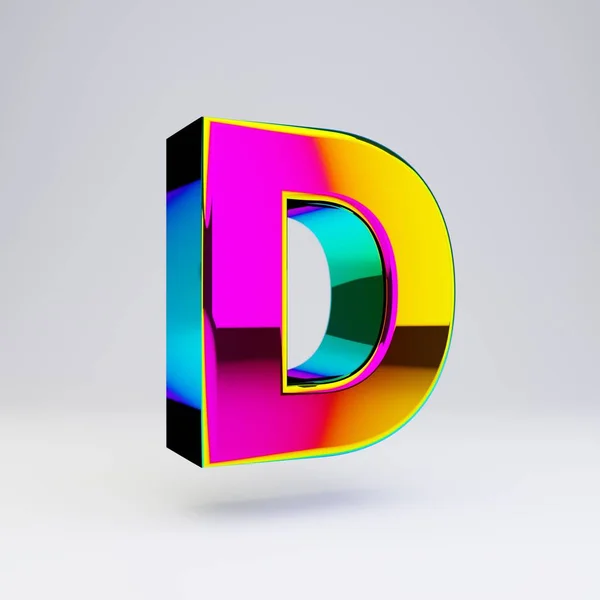 Holographic 3d letter D uppercase. Glossy font with multicolor reflections and shadow isolated on white background. — Stock Photo, Image