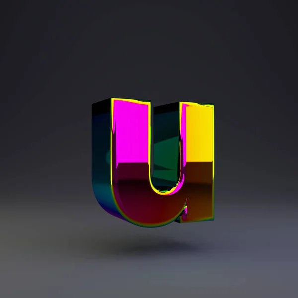 Holographique 3d lettre U minuscule. Polices brillantes avec reflets multicolores et ombre isolée sur fond noir . — Photo