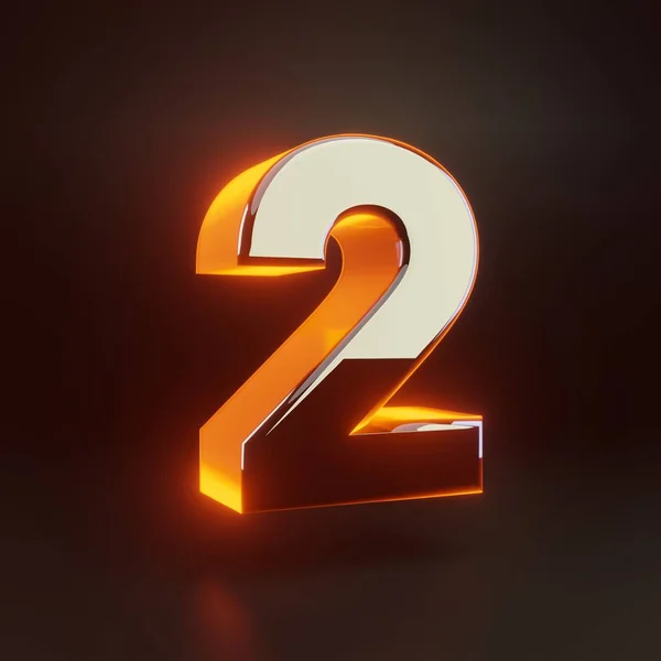 3d number 2. Glowing glossy metallic font with orange lights isolated on black background. — Stock Photo, Image