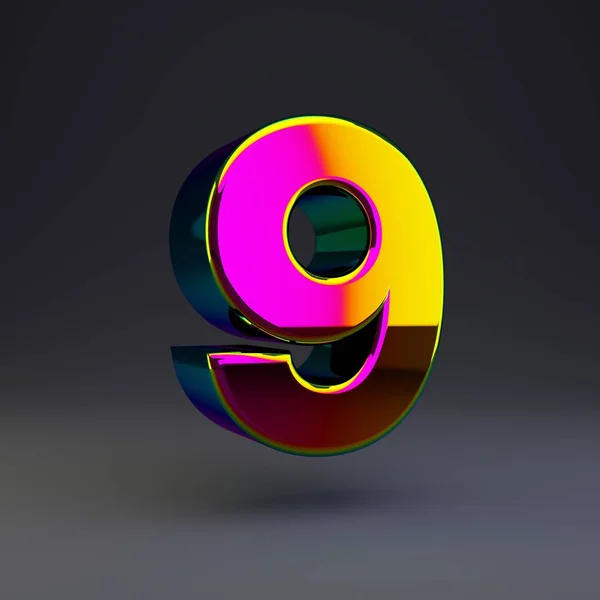 Holographic 3d number 9. Glossy font with multicolor reflections and shadow isolated on black background. — Stock Photo, Image