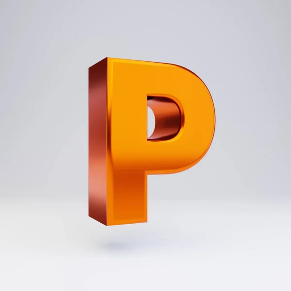 3d 字母 P 大写。热橙色金属字体，在白色背景上具有光泽反射和阴影. — 图库照片