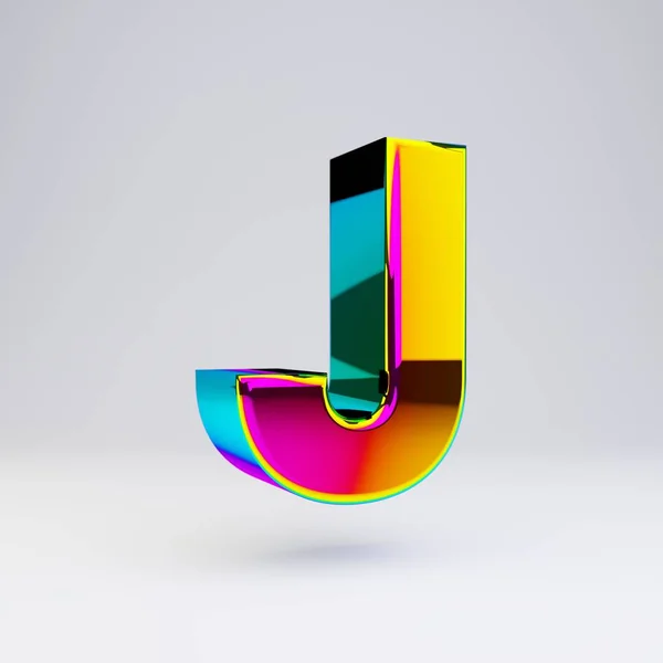 Holographic 3d letter J uppercase. Glossy font with multicolor reflections and shadow isolated on white background. — Stock Photo, Image