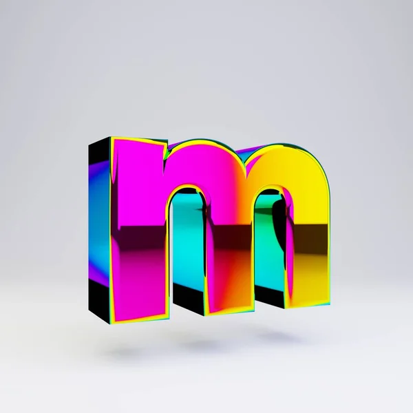 Holografische 3D letter M kleine letters. Glanzend lettertype met multicolor reflecties en schaduw geïsoleerd op witte achtergrond. — Stockfoto