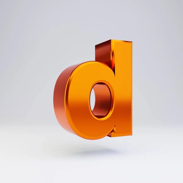 3D letter D kleine letters. Hete oranje metallic lettertype met glanzende reflecties en schaduw geïsoleerd op witte achtergrond. — Stockfoto