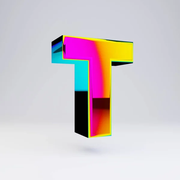 Holografiskt 3D bokstaven T versal. Glansigt typsnitt med flerfärgade reflektioner och skugga isolerade på vit bakgrund. — Stockfoto