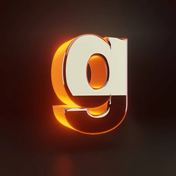 3d lettre G minuscule. Polices métalliques brillantes avec lumières orange isolées sur fond noir . — Photo