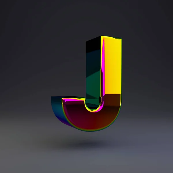 Голографическая 3d буква J в верхнем регистре. Блестящий шрифт с разноцветными отражениями и тенью, выделенный на черном фоне . — стоковое фото