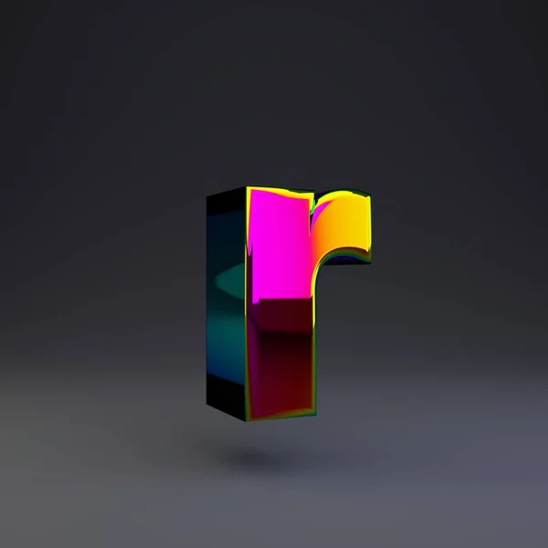 Holographique 3d lettre R minuscule. Polices brillantes avec reflets multicolores et ombre isolée sur fond noir . — Photo