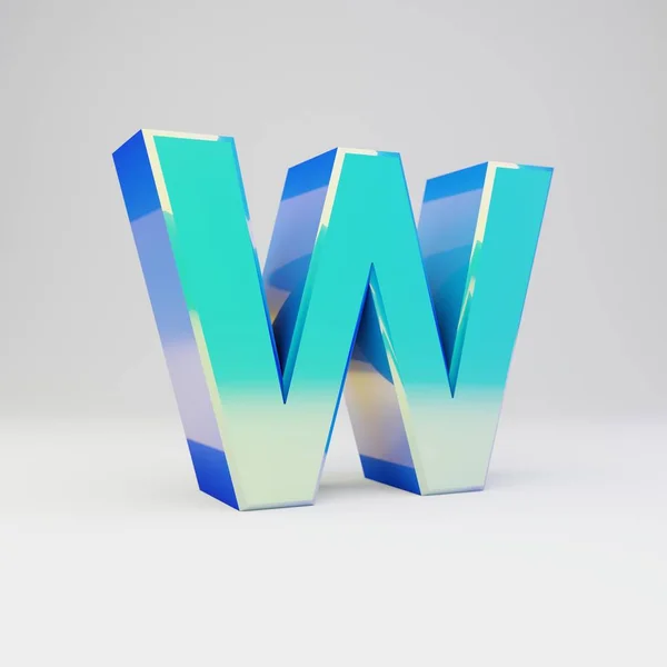 Sky Blue 3D γράμμα W κεφαλαία. Μεταλλική γραμματοσειρά με γυαλιστερές αντανακλάσεις και σκιά απομονωμένη σε λευκό φόντο. — Φωτογραφία Αρχείου