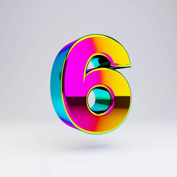 Holographic 3d number 6. Glossy font with multicolor reflections and shadow isolated on white background. — Stock Photo, Image