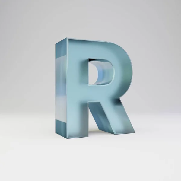 얼음 3D 문자 R 대문자. 흰색 배경에 광택 반사와 그림자가 있는 투명한 얼음 글꼴. — 스톡 사진