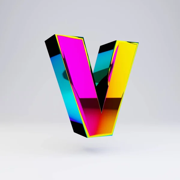 Holografische 3D letter V hoofdletters. Glanzend lettertype met multicolor reflecties en schaduw geïsoleerd op witte achtergrond. — Stockfoto