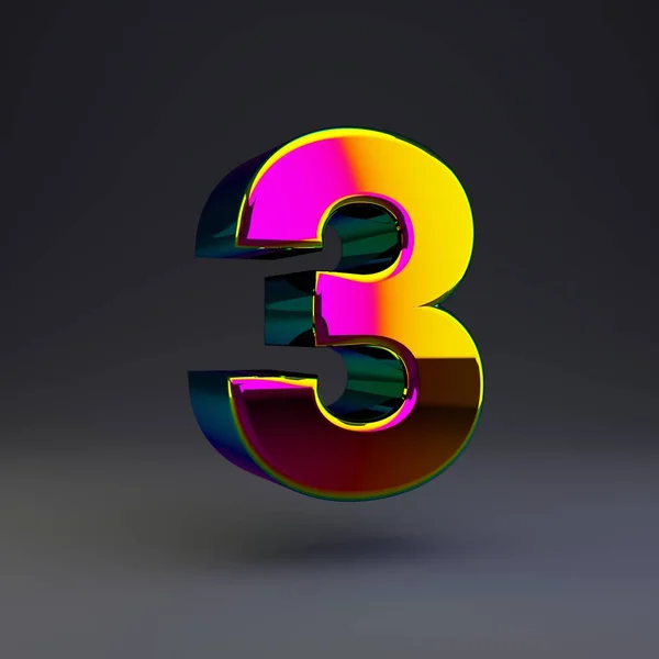 Holografische 3D nummer 3. Glanzend lettertype met multicolor reflecties en schaduw geïsoleerd op zwarte achtergrond. — Stockfoto