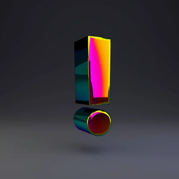 Symbol holografického bodu 3D vykřičníku. Lesklé písmo s vícebarevných odlesky a stínem izolovaným na černém. — Stock fotografie