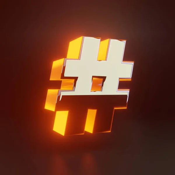 Símbolo hashtag 3d. Brillante fuente metálica brillante con luces naranjas aisladas sobre fondo negro . —  Fotos de Stock