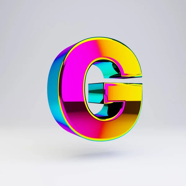 Holografische 3D letter G hoofdletters. Glanzend lettertype met multicolor reflecties en schaduw geïsoleerd op witte achtergrond. — Stockfoto