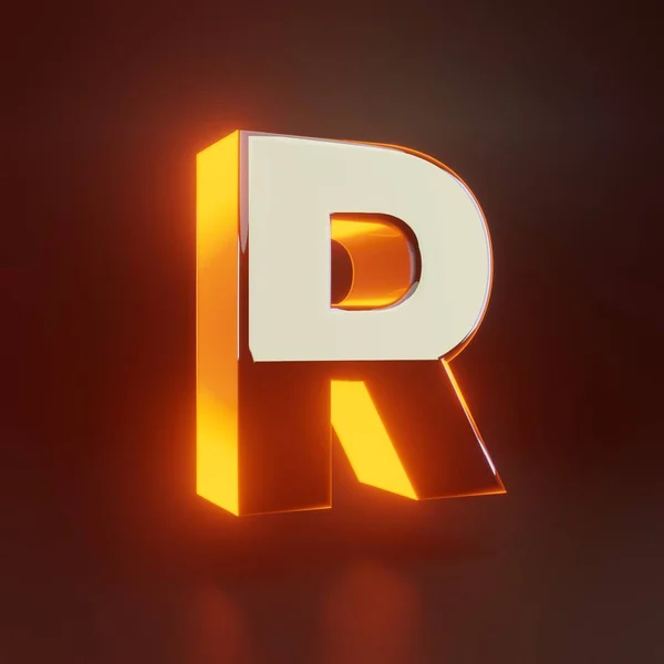 3d letter R uppercase. Glowing glossy metallic font with orange lights isolated on black background. — Stock Photo, Image