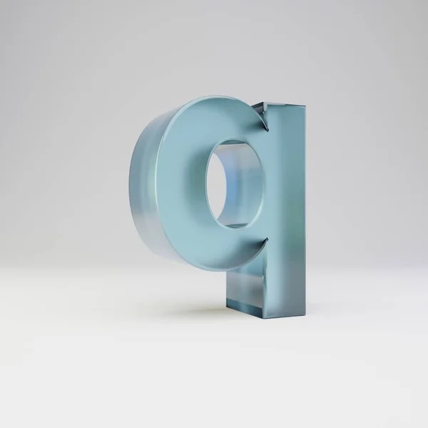 Ice 3D Letter Q gemener. Transparent Ice Font med glansiga reflektioner och skugga isolerad på vit bakgrund. — Stockfoto