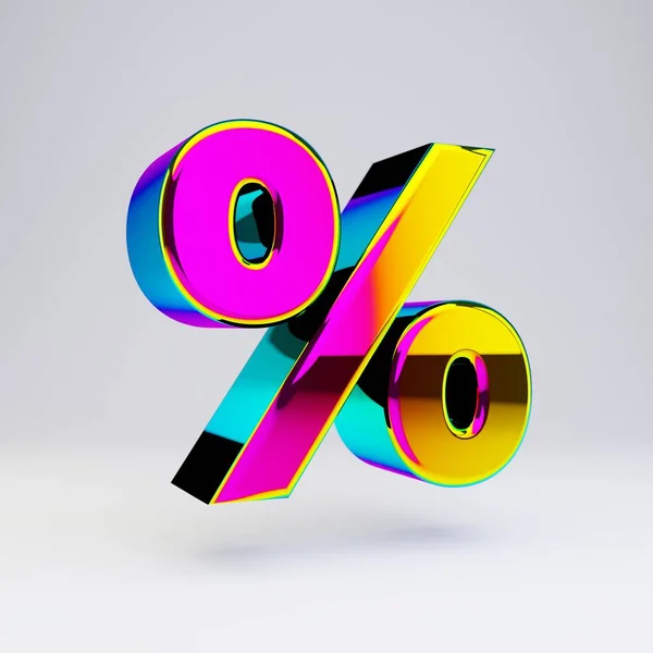 Ολογραφικό σύμβολο 3D τοις εκατό. Γυαλιστερή γραμματοσειρά με πολύχρωμες αντανακλάσεις και σκιά απομονωμένη σε λευκό φόντο. — Φωτογραφία Αρχείου