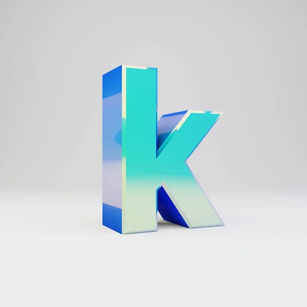 Hemelsblauw 3D letter K kleine letters. Metalen lettertype met glanzende reflecties en schaduw geïsoleerd op witte achtergrond. — Stockfoto