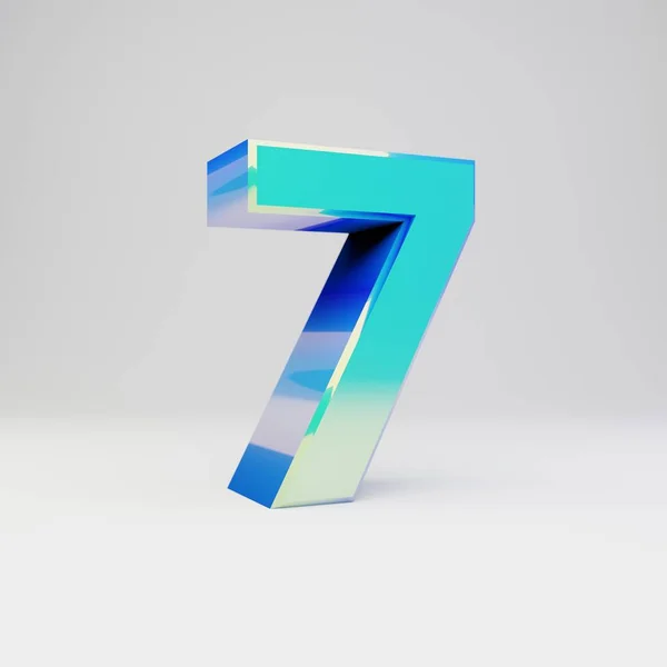 Hemelsblauw 3D-nummer 7. Metalen lettertype met glanzende reflecties en schaduw geïsoleerd op witte achtergrond. — Stockfoto
