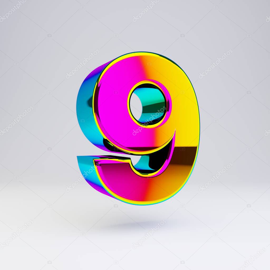 Holographic 3d number 9. Glossy font with multicolor reflections and shadow isolated on white background.