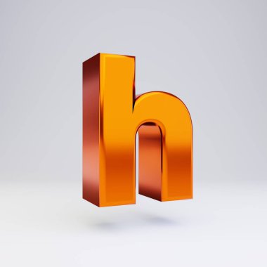 3d harfi H küçük harf. Parlak yansımaları ve beyaz arka plan üzerinde izole gölge ile sıcak turuncu metalik yazı tipi.