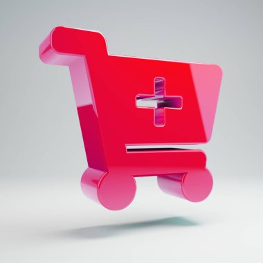 Beyaz arka planda izole hacimsel parlak sıcak pembe Cart Plus simgesi.