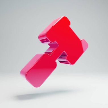 Beyaz arka planda izole hacimsel parlak sıcak pembe Gavel simgesi.