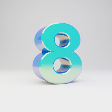 Gökyüzü mavisi 3d sayı 8. Parlak yansımaları ve beyaz arka plan üzerinde izole gölge ile metal yazı tipi.