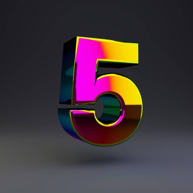 Holografik 3d sayı 5. Siyah arka plan da yalıtılmış çok renkli yansımaları ve gölgesi olan parlak yazı tipi.