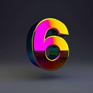 Holografik 3d sayı 6. Siyah arka plan da yalıtılmış çok renkli yansımaları ve gölgesi olan parlak yazı tipi.