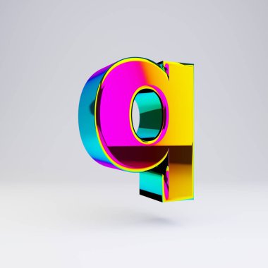 Holografik 3d harf Q küçük harf. Çok renkli yansımaları ve beyaz arka planda izole gölge ile parlak yazı tipi.