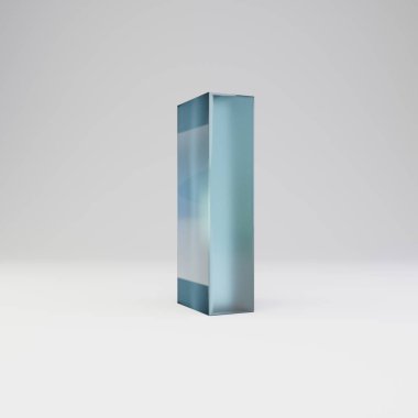 Buz 3d harfi L küçük harf. Parlak yansımaları ve beyaz arka plan üzerinde izole gölge ile şeffaf buz yazı tipi.